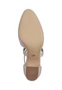 Beige hoge hakken sandaal met een gestructureerde suede bovenkant, open teen en smalle enkelbandjes. De rubberen zool heeft een goed merkbaar grippatroon.