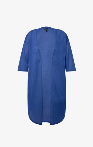 Leichter, transparenter blauer Kimono mit kurzen Ärmeln, offener Vorderseite und glatter Textur. Keine Verschlüsse; fällt unter die Hüften.