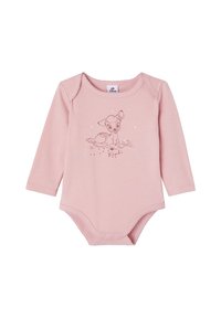 Long-sleeve pink bodysuit with a Bambi illustration. Made of soft cotton, features snap closures at the bottom and scalloped edges.