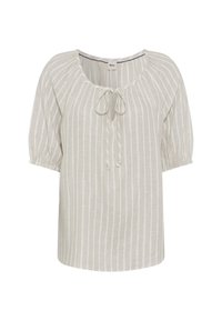 Lys beige top med hvide lodrette striber, løs pasform, korte puffede ærmer og detalje med bånd ved halsudskæringen. Blødt, tekstureret stof.