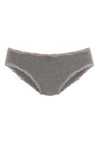 Pelēka kokvilnas apakšveļa ar mežģīņu apdari jostai un kāju atverēm, piedāvājot gludu tekstūru un klasisku dizainu.