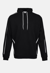 Zwarte hoodie van katoen met een voorzak, witte trekkoorden en witte zijkanten. Bevat een relaxte pasvorm en ribbelboorden.