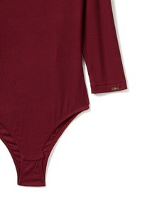 Body z długim rękawem w burgundowym, pr�ążkowanym materiale, z zapięciem na napy na dole, gładką fakturą oraz małym, złotym logo.