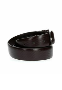 Cintura in pelle marrone con una finitura liscia, caratterizzata da linee embossate diagonali e una fibbia in metallo argentato. Si regola con diversi fori.