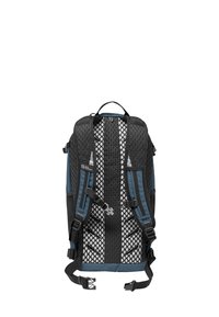 Zaino nero e blu con pannelli in rete, spallacci imbottiti e fibbie regolabili. Caratterizzato da un design ergonomico e scomparti per lo stoccaggio.