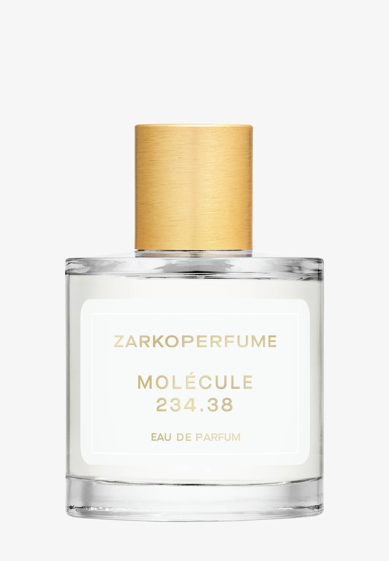Flacon de parfum en verre transparent étiqueté Zarkoperfume Molécule 234.38 Eau de Parfum avec un bouchon cylindrique en bois clair.