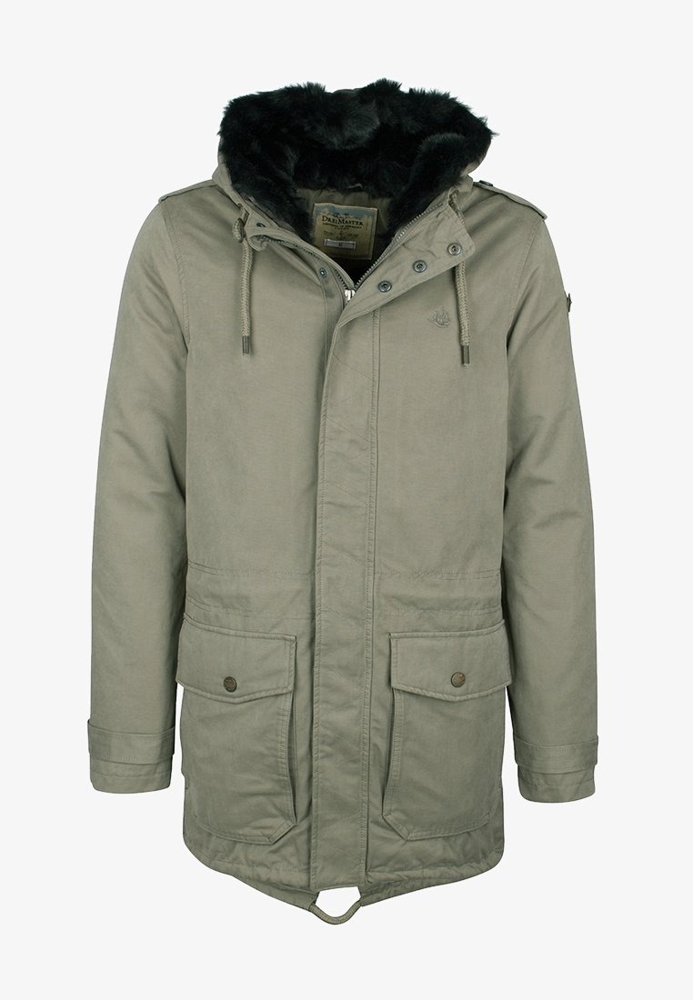 Parka vert olive avec une capuche doublée de fausse fourrure, fermeture éclair et boutons, deux poches avant et cordon de serrage ajustable à l'ourlet.