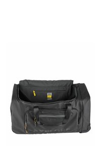 Sac de voyage noir avec doubles poignées, poche zippée à l'avant, compartiment principal spacieux s'ouvrant sur une petite poche intérieure zippée avec tirant jaune.