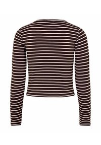 Brun- och vitrandig långärmad topp med rund halsringning och kort design, tillverkad av mjukt, stretchigt tyg.