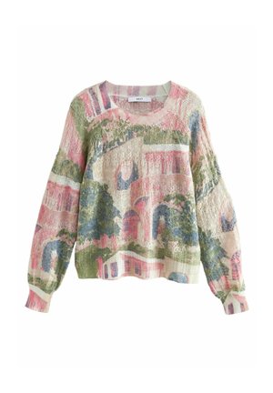 Pull en maille douce avec un motif paysager multicolore représentant des bâtiments et de la verdure dans des tons pastel de rose, vert, bleu et crème.