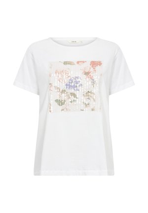 T-shirt en coton blanc avec un design floral carré en sequins dans des tons doux de rose, bleu et vert sur le devant. Manches courtes, col rond.