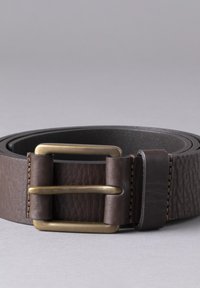 Brown leather belt featuring a textured finish, double prong brass buckle, and contrasting stitching along the edges.