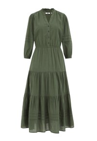 Abito lungo verde a strati realizzato in tessuto leggero. Presenta un scollo a V, chiusura con bottoni e maniche lunghe con polsini arricciati.