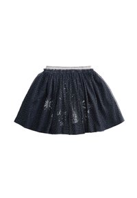 Gonna blu navy con pois argentati, vita elastica e design svasato. Presenta dettagli stampati bianchi, che aggiungono interesse visivo.