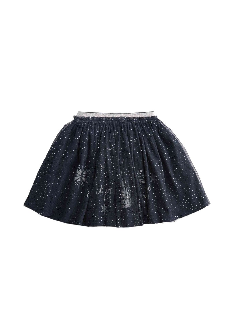 Gonna blu navy con pois argentati, vita elastica e design svasato. Presenta dettagli stampati bianchi, che aggiungono interesse visivo.