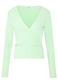 Miętowa bluzka typu wrap z długimi rękawami, dekoltem w kształcie V oraz regulowanym wiązaniem w talii, wykonana z miękkiego, elastycznego materiału.