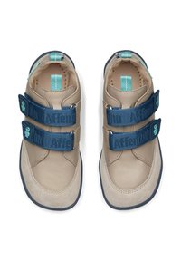 Beige leather and suede shoes with blue velcro straps. Features a textured pattern on straps and a blue sole. Two upper loops included.
