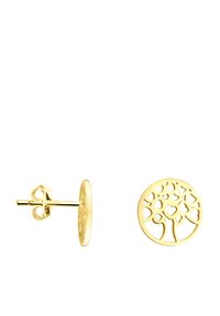 Goldfarbene Ohrstecker mit einem Baumdesign, das herzförmige Blätter, eine kreisförmige Form und ein filigranes Muster aufweist.