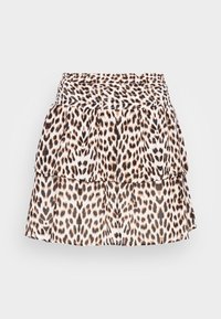 Hame voluminoase cu imprimeu leopard, cu talie elastică, având o culoare de bază albă cu pete negre și maro. Material ușor, cu un design fluid.