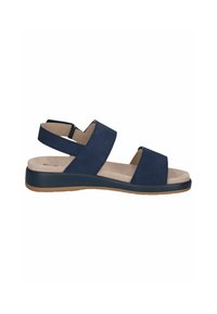 Sandal navy blu con due fasce larghe e fascetta posteriore regolabile, con suola interna beige e suola in gomma imbottita.