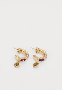 Gold hoop earrings feature purple and pink gemstones, with a decorative charm at the bottom. Smooth texture and polished finish.