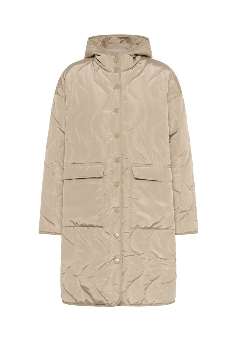 Chaqueta acolchada beige con capucha, cierre frontal a presión, dos grandes bolsillos y patrón de costura ondulada para añadir textura.