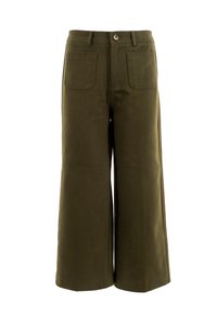 Pantalons larges vert olive en coton avec une texture lisse, dotés d'une fermeture à bouton à l'avant et de deux poches arrière.