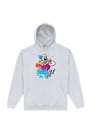 Lysegrå hættetrøje med farverigt graffiti-stil tegneserieansigt, blå pletter og textelementer på brystet.