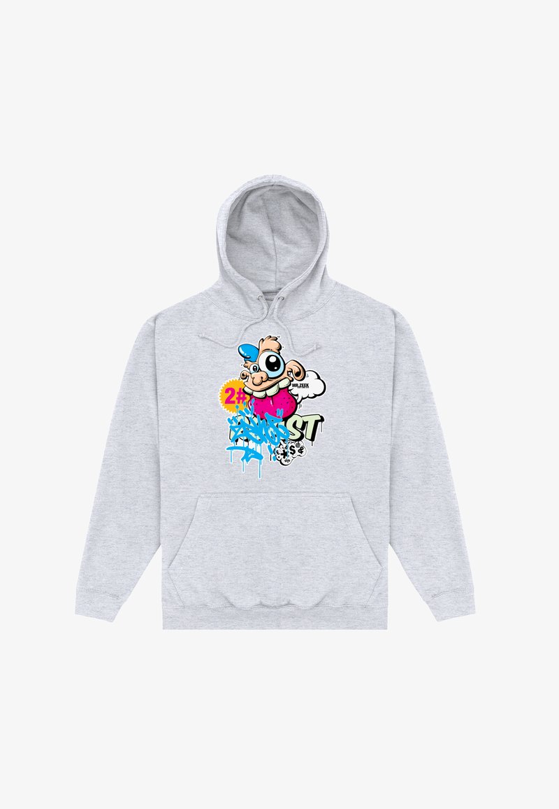 Sweat à capuche gris clair avec un visage de dessin animé coloré de style graffiti, des éclaboussures bleues et des éléments textuels sur la poitrine.