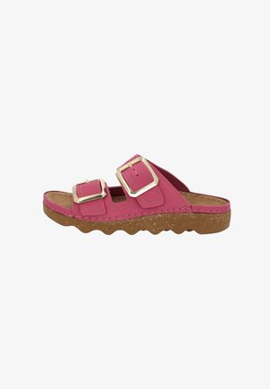 Pink slide sandal featuring two adjustable straps with gold buckles, a textured brown cork footbed, and a wavy rubber outsole.