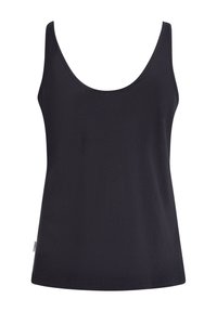 Zwarte tanktop gemaakt van zachte, rekbare stof. Heeft een ronde halslijn en brede schouderbanden. Geen zichtbare patronen of hardware.