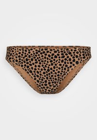 Animal print bikini bottom featuring a tan background with black spots. Made from smooth material with a classic brief cut and elastic waistband.