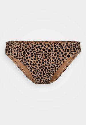 Animal print bikini bottom featuring a tan background with black spots. Made from smooth material with a classic brief cut and elastic waistband.