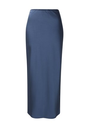 Marineblauer, hoch taillierter, gerade geschnittener Midirock aus glattem Stoff mit einem leichten Schlitz an der Seite.
