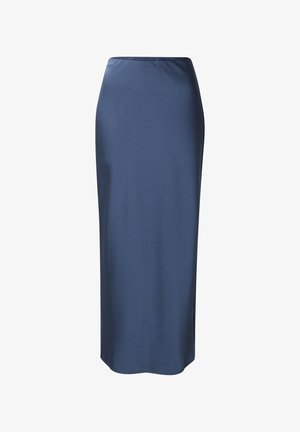 Marineblauwe midi-rok met hoge taille, rechte snit, van gladde stof met een lichte split aan de zijkant.