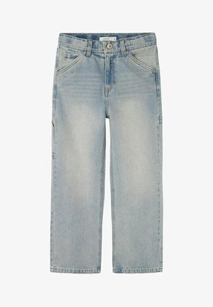 Lichtblauwe denim jeans met een rechte pasvorm, vijf zakken, subtiele vervaging en een klassieke tailleband met een knoopsluiting.
