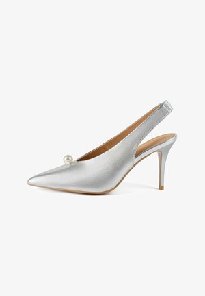 Silver slingback high-heeled shoe with a pointed toe, textured finish, a pearl accent, and a slim heel design.