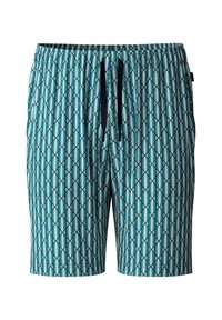 Zwemshorts in een lichtblauwe kleur met een geometrisch patroon in donkerblauw en groen. Voorzien van een elastische tailleband met een trekkoord.