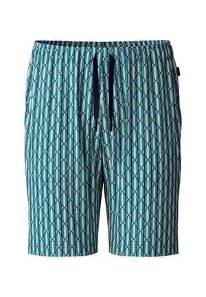 Zwemshorts in een lichtblauwe kleur met een geometrisch patroon in donkerblauw en groen. Voorzien van een elastische tailleband met een trekkoord.