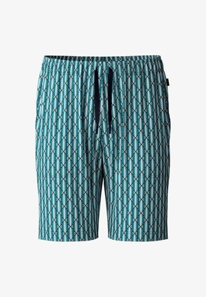 Zwemshorts in een lichtblauwe kleur met een geometrisch patroon in donkerblauw en groen. Voorzien van een elastische tailleband met een trekkoord.