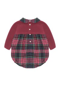 Cuerpo de punto burdeos con cuello, cierre de botones y falda de cuadros en tonos rosa, verde y navy, fruncida en la cintura.