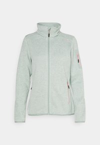 Veste polaire vert clair à fermeture éclair intégrale avec col montant, deux poches latérales zippées et une poche zippée sur la manche gauche, agrémentée de tirettes roses.