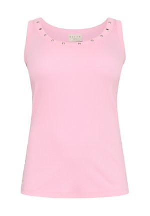 Różowy bezrękawnik z prążkowanej tkaniny, z okrągłym dekoltem ozdobionym srebrnymi ćwiekami. Zaprojektowany w luźnym kroju.