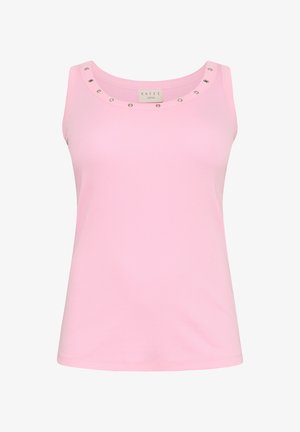 Różowy bezrękawnik z prążkowanej tkaniny, z okrągłym dekoltem ozdobionym srebrnymi ćwiekami. Zaprojektowany w luźnym kroju.