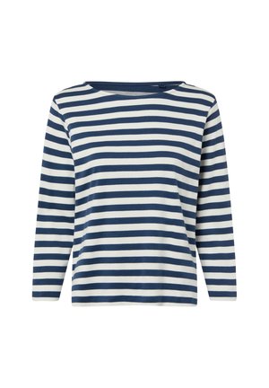 Langärmliges Oberteil aus leichtem Baumwollstoff, mit einem maritimen Muster aus navyblauen und weißen Querstreifen, weitem Ausschnitt und entspannter Passform.