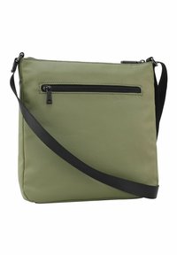 Borsa a tracolla verde oliva realizzata in tessuto testurizzato. Presenta una tasca frontale con zip e una tracolla nera regolabile per comodità.