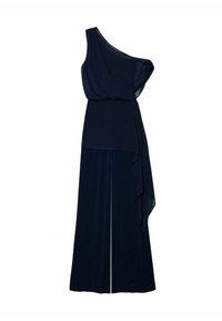 Combinaison à une épaule bleu marine avec tissu drapé, silhouette fluide et coupe ample, présentant un long panneau latéral et un design à jambes larges.