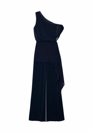 Marineblauer Ein-Schulter-Overall mit drapiertem Stoff, fließender Silhouette und lockerer Passform, mit einem langen Seitenpaneel und weitem Bein-Design.