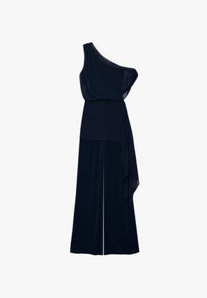 Monosuit azul marino de un solo hombro con tela drapeada, silueta fluida y corte holgado, que presenta un largo panel lateral y un diseño de pierna ancha.