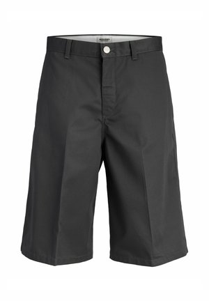 Black knee-length shorts with belt loops and front button closure, featuring a plain design and tailored fit.